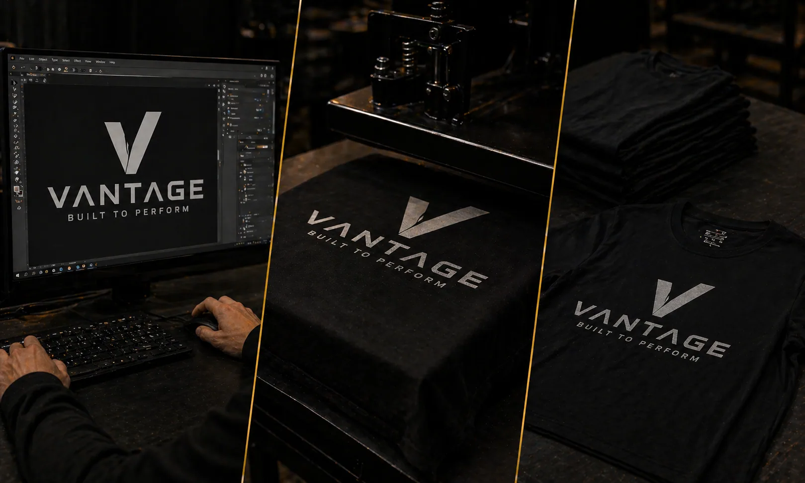 Three-panel collage showing logo design on a monitor, a shirt press printing a black T-shirt, and finished folded shirts